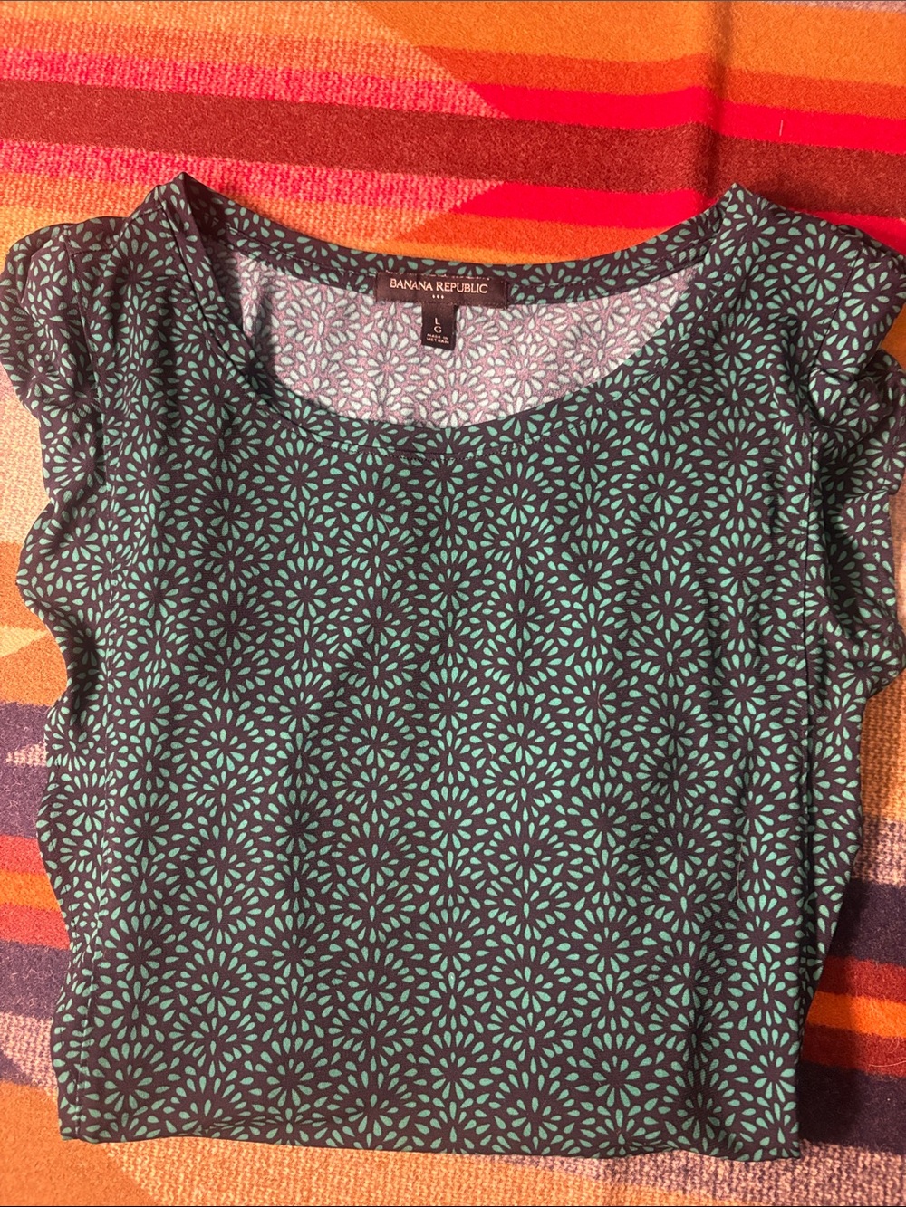 Banana Republic Black Tee with Teal Floral Motif